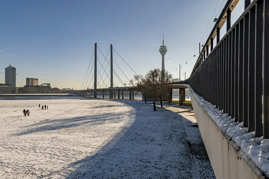 Winterliches Düsseldorf am Rhein mit Rheinturm und Rheinkniebrücke im Schnee